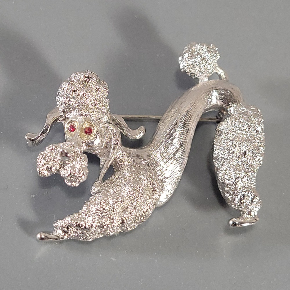 Monet Poodle Brooch Women Silver Textured Red Rhinestone Eye Vintage Dog Pin